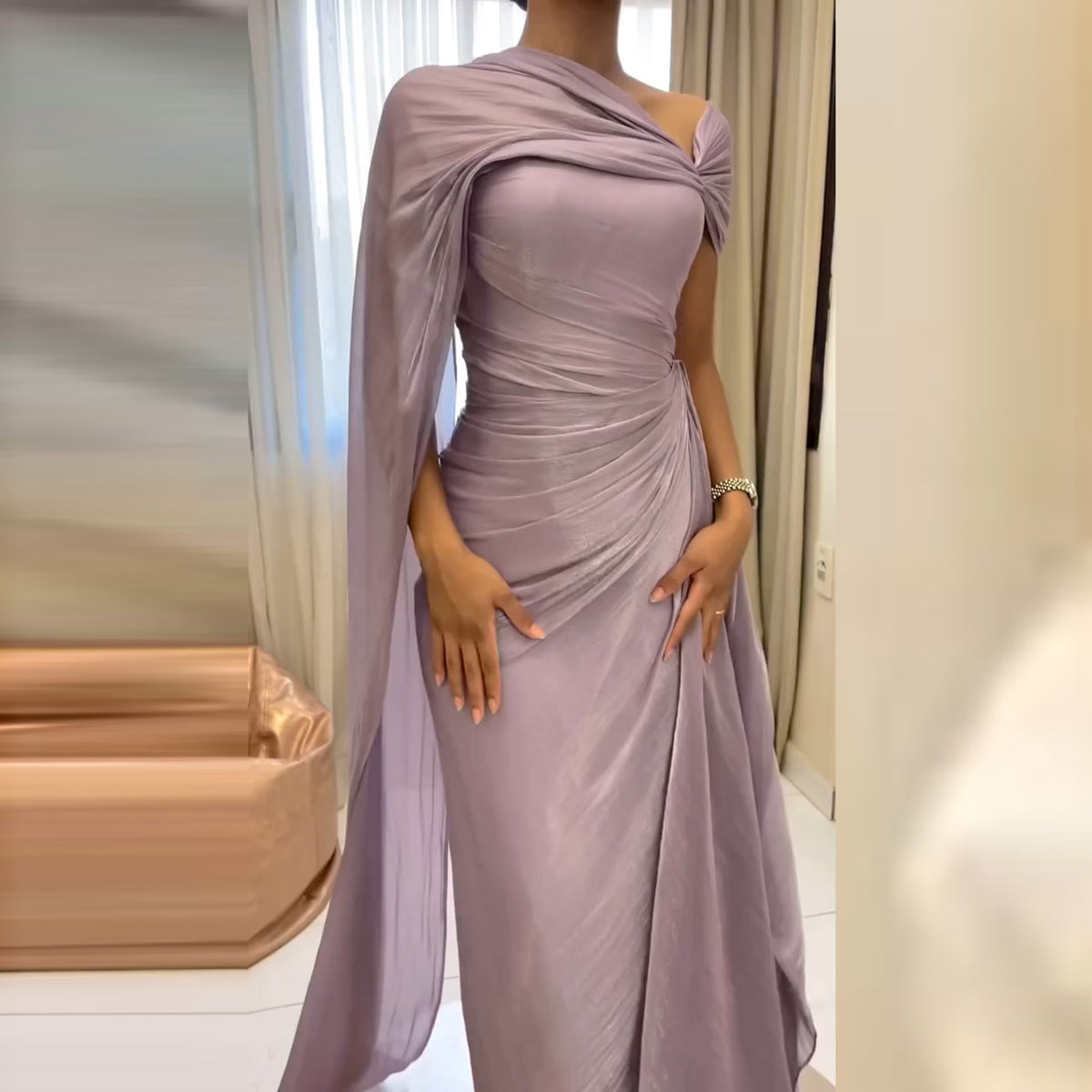 Elegant Lilac Draped Evening Dress with Cape SF199