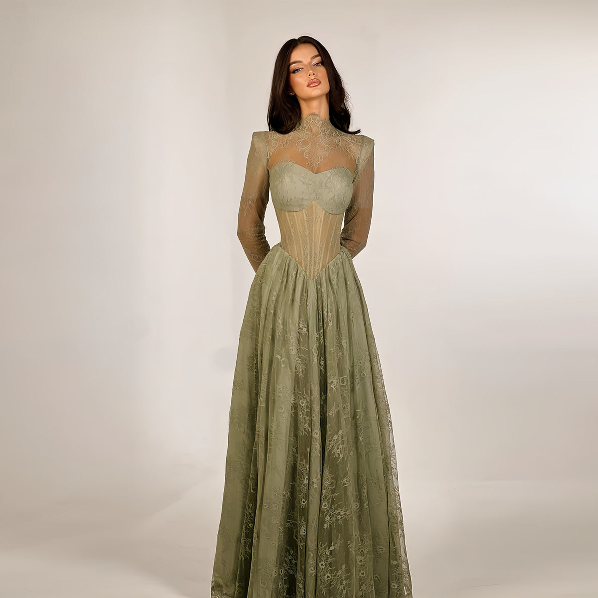 Vintage Olive Green High Neck Sheer Lace Corset Evening Dress SF240 –  Sharon Said