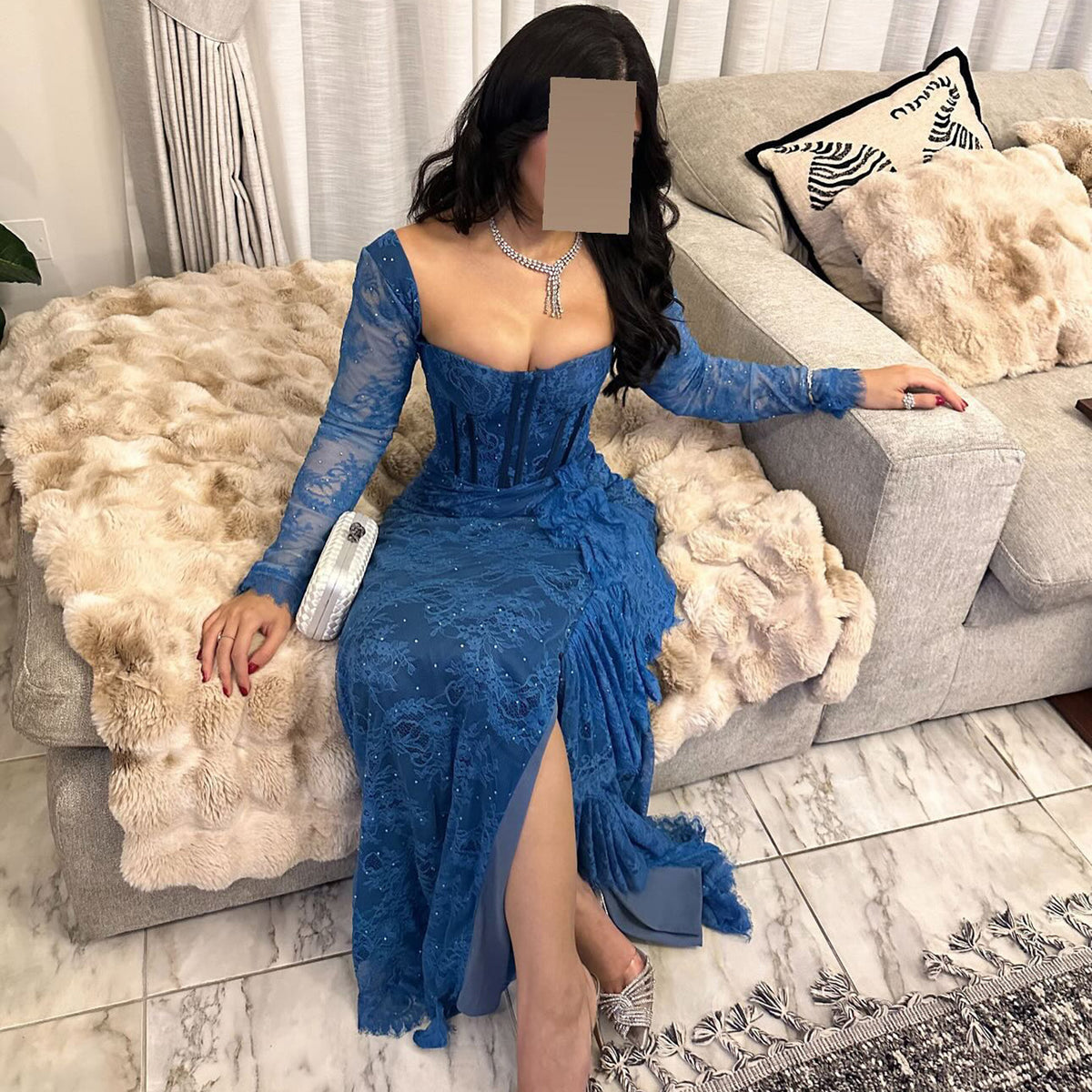 Elegant Long Sleeves Blue Pleats Evening Dress SF303