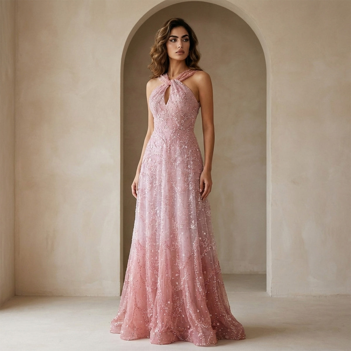 Glamorous Pink Ombre Beaded Sequin Halter Evening Dress SS709