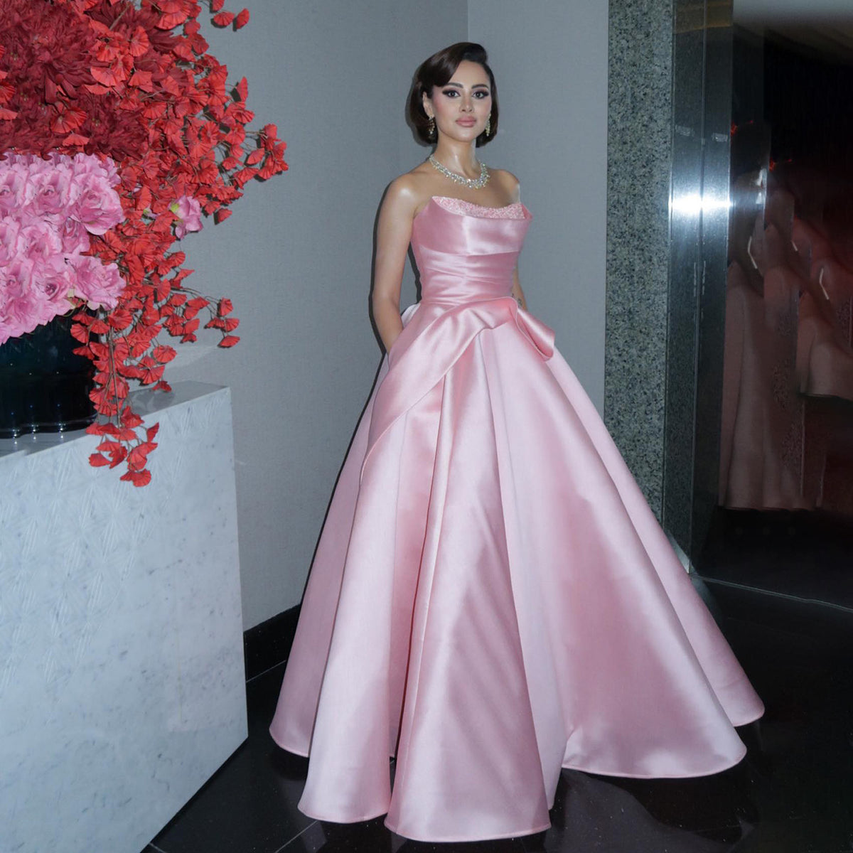 Elegant Beaded Pink Strapless A-Line Evening Dress SF193
