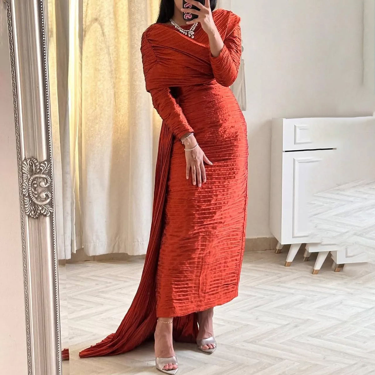 Elegant Orange Long Sleeves Evening Dress with Overskirt SF183