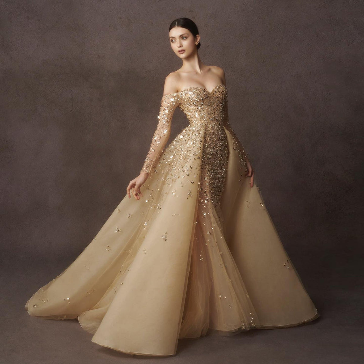 Luxury Champagne Gold Evening Dress with Detachable Overskirt SS410