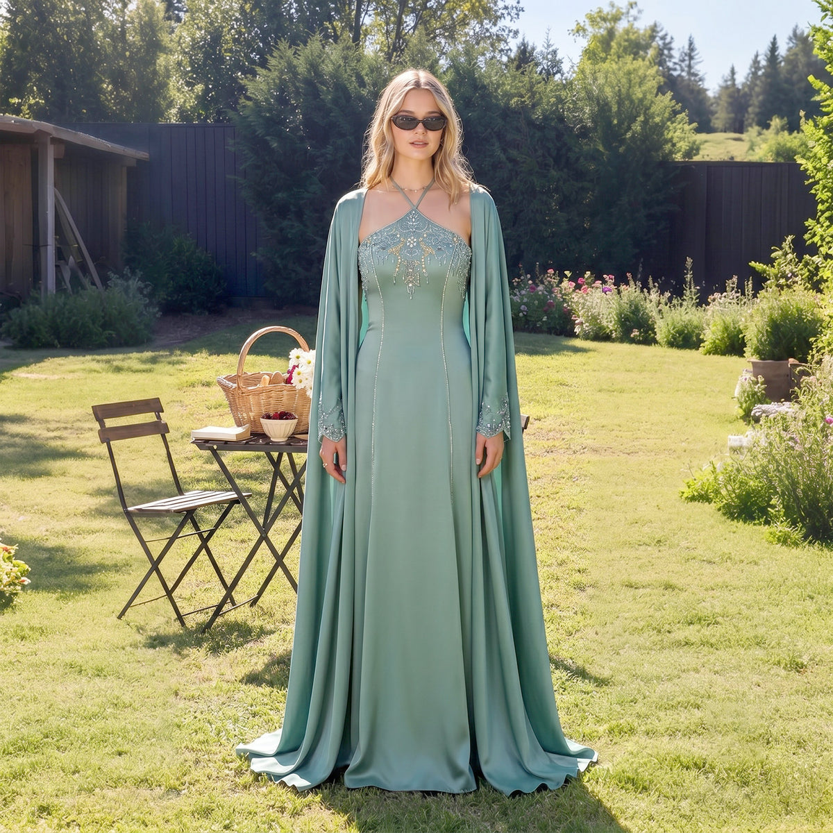Elegant Crystal Sage Green Halter Evening Dresses with Cape SS301
