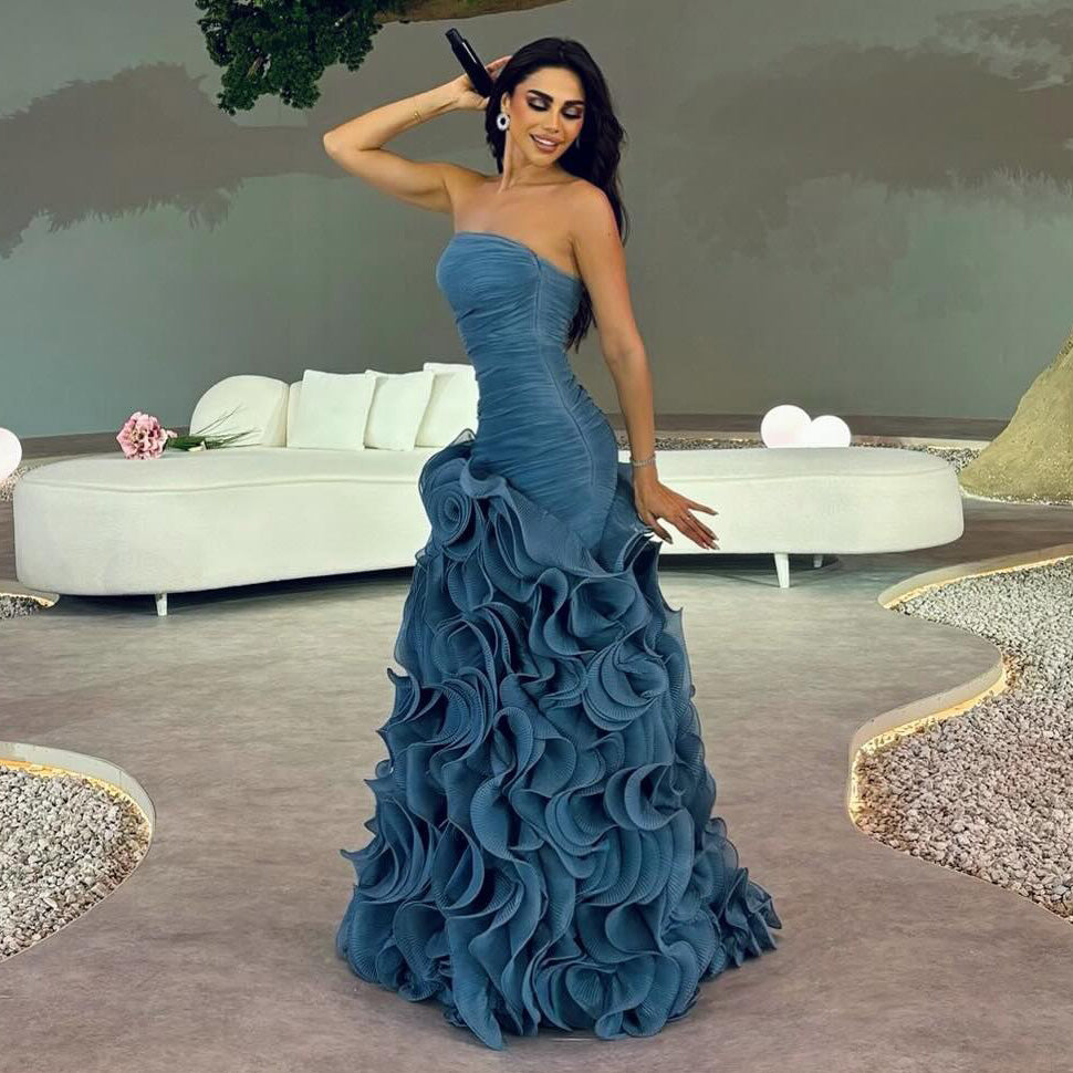 Elegant 3D Flowers Blue Strapless Evening Dress with Ruffles SF218