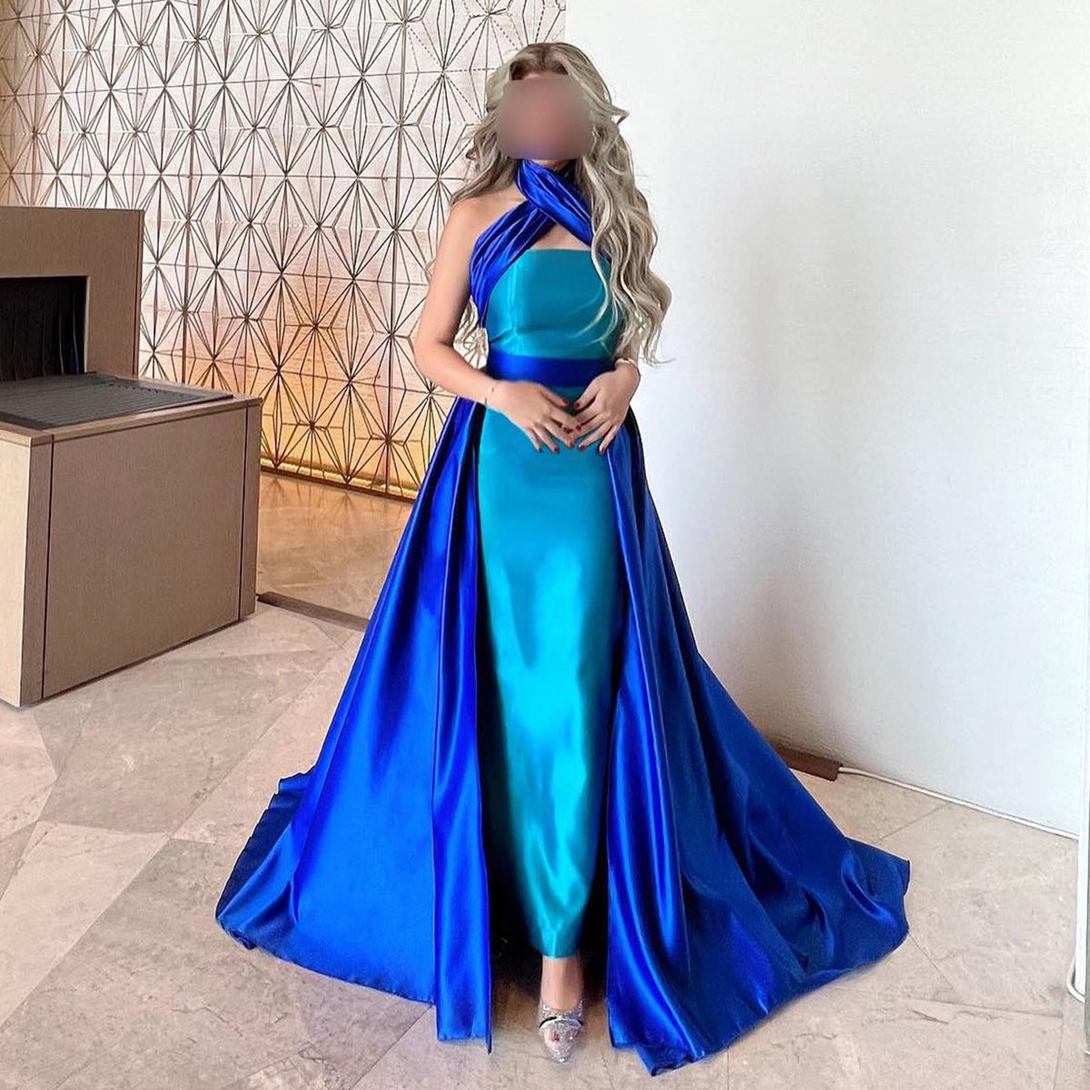 Elegant Royal Blue Contrast Turquoise Evening Dress with Overskirt SF012