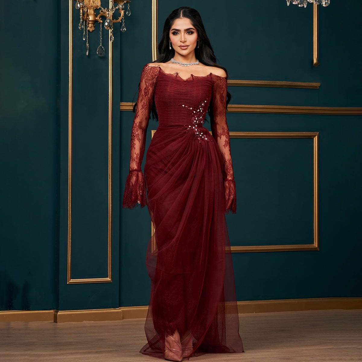 Luxury Beaded Burgundy Strapless Pleats Evening Dress SF456