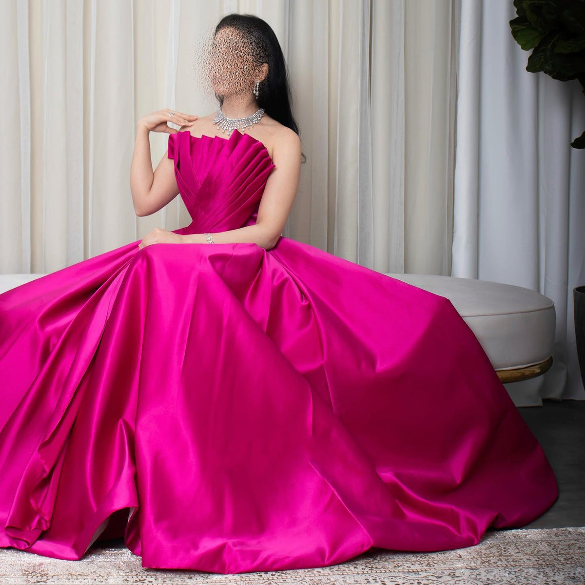 Luxury Fuchsia A-Line Strapless Pleats Satin Long Evening Dress SF011