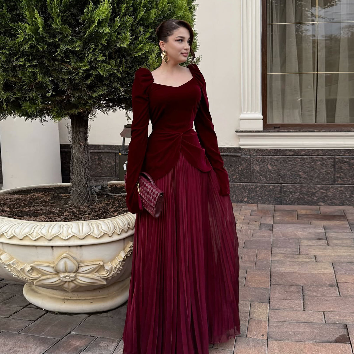 Luxury Burgundy Velvet Ruffles Long Sleeve Evening Dress SF259
