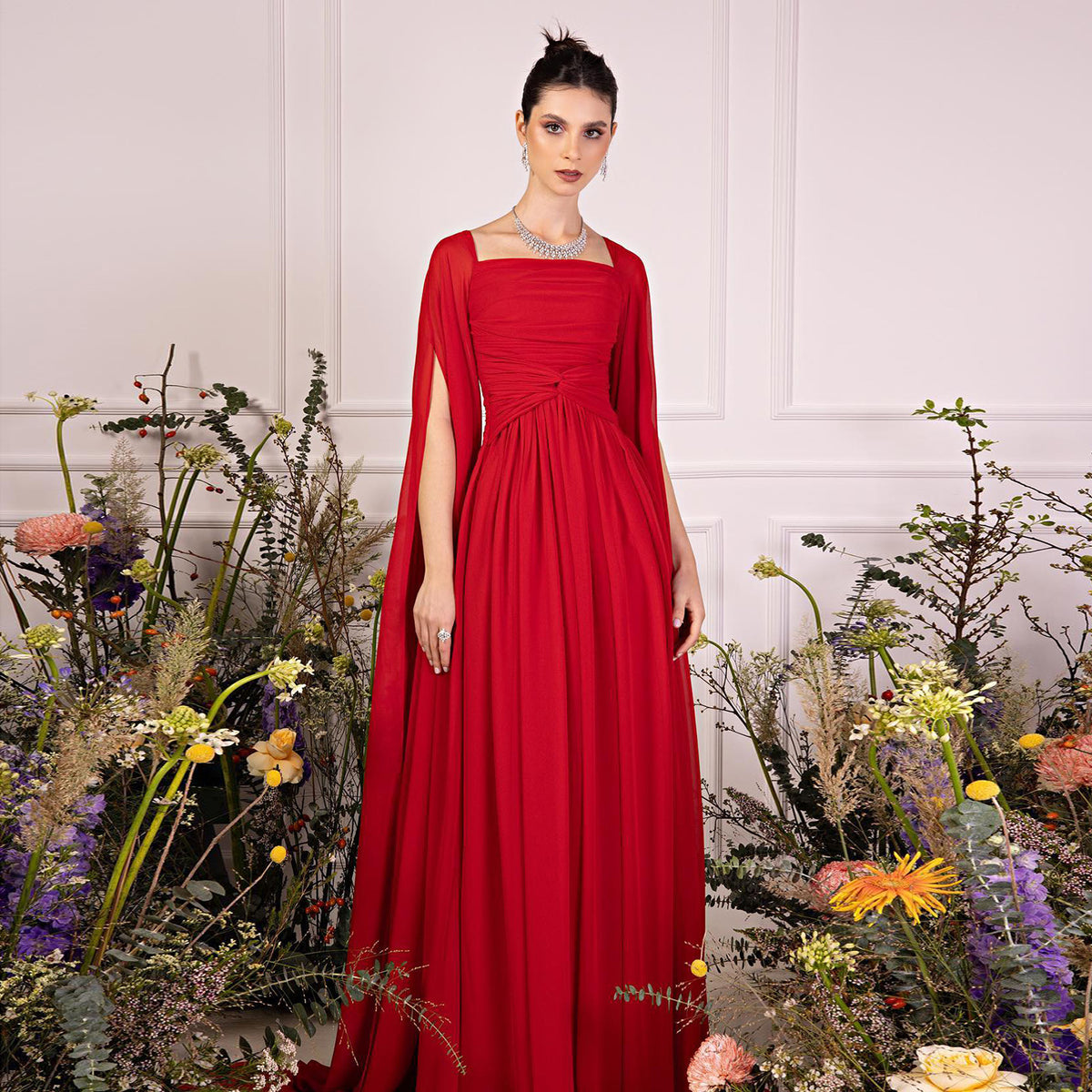 Elegant Red A-Line Chiffon Evening Dress with Cape Sleeves SF032