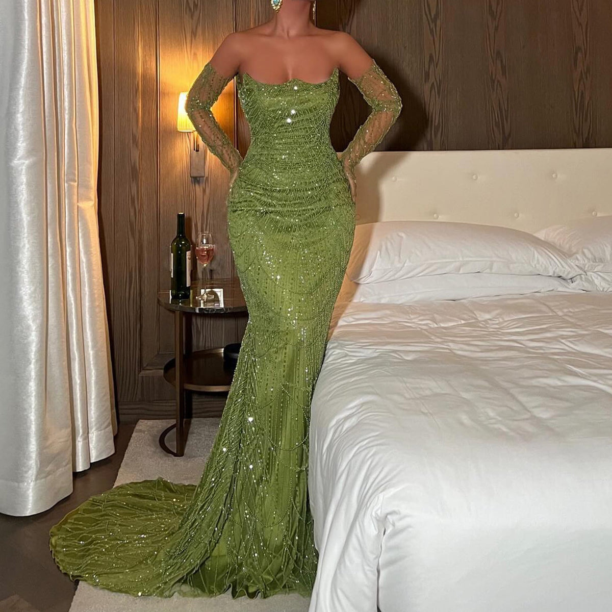 Luxury Beaded Green Mermaid Evening Dress with Gloves SS306