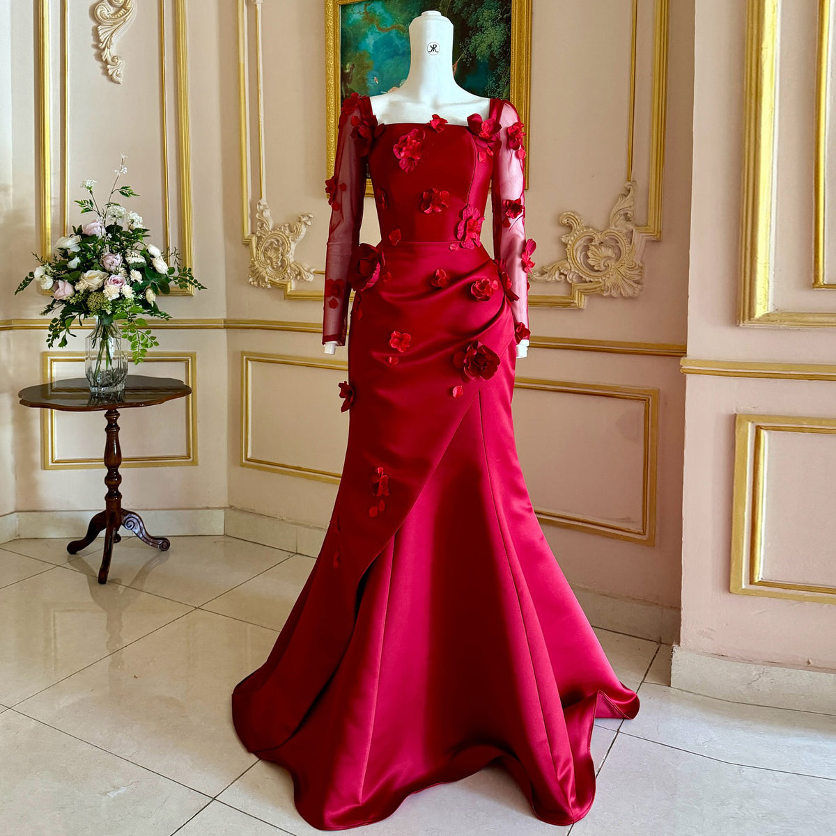Elegant 3D Floral Red Mermaid Evening Dress SF227