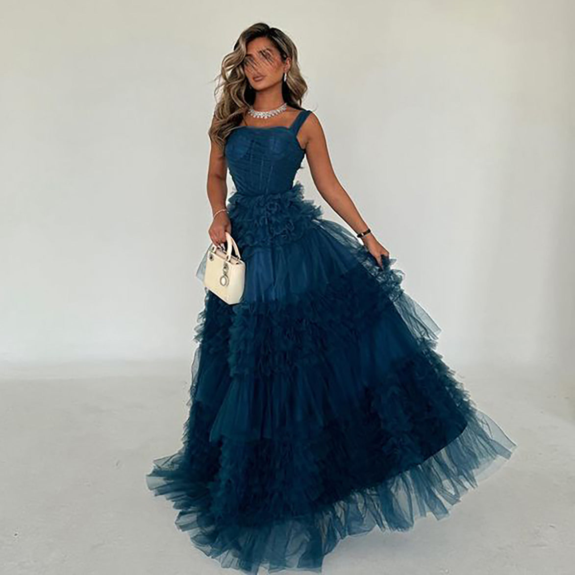 Elegant Dark Blue Square Neck A-Line Tiered Evening Dress SF278