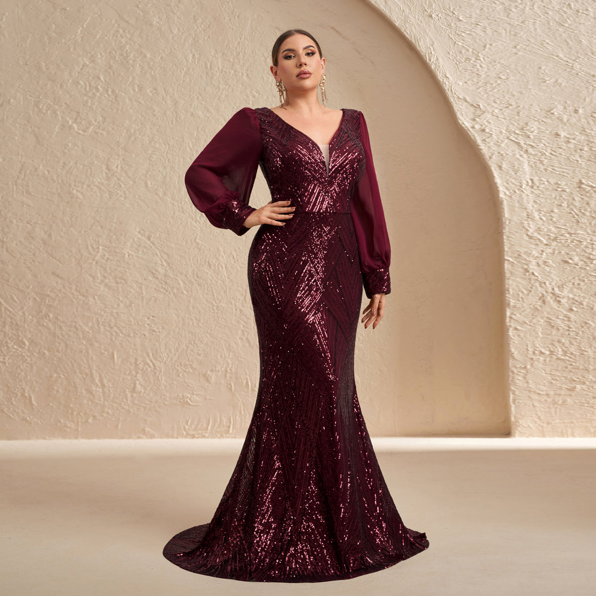 Glamorous Burgundy Sequin Long-Sleeve Evening Dress SF606