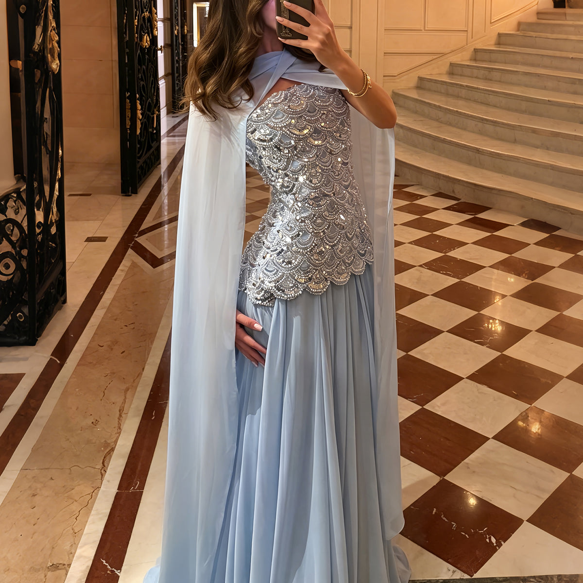 Luxury Blue Sequin Chiffon Evening Dress with Cape Sleeve SF430