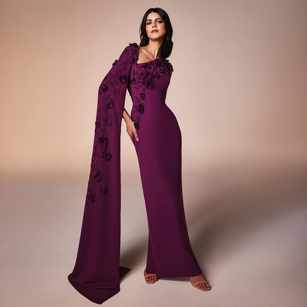 Luxury Appliques Fuchsia Evening Dress with Cape Sleeve SF105