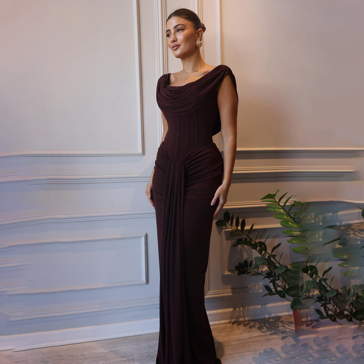 Elegant Cabernet Bataeu Draped Evening Dress SF496