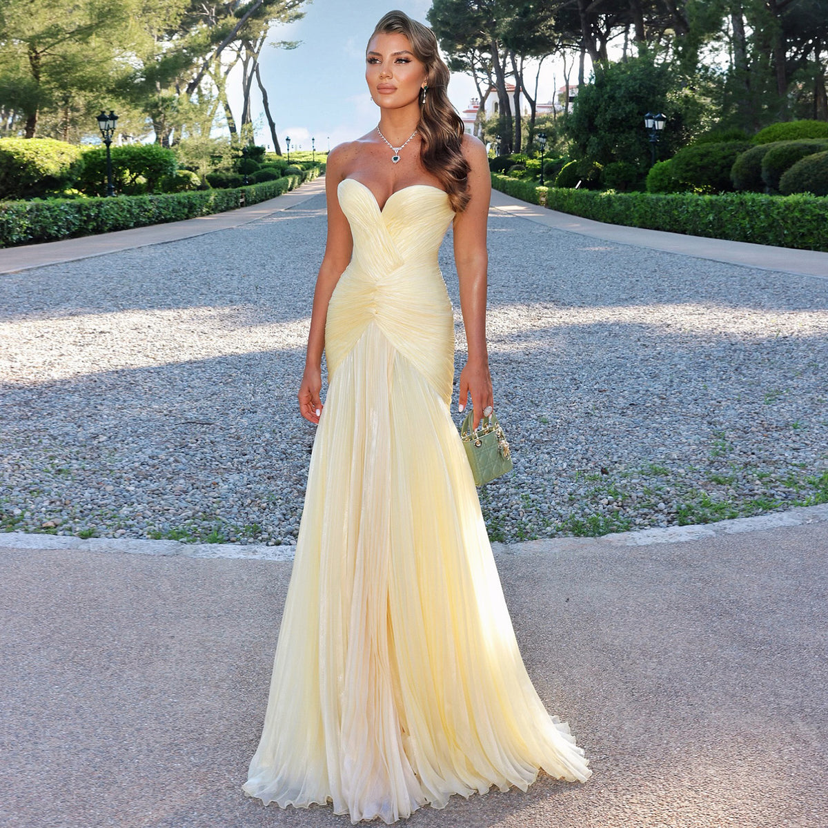 Elegant Light Yellow Sweetheart Pleated Evening Dress SF035