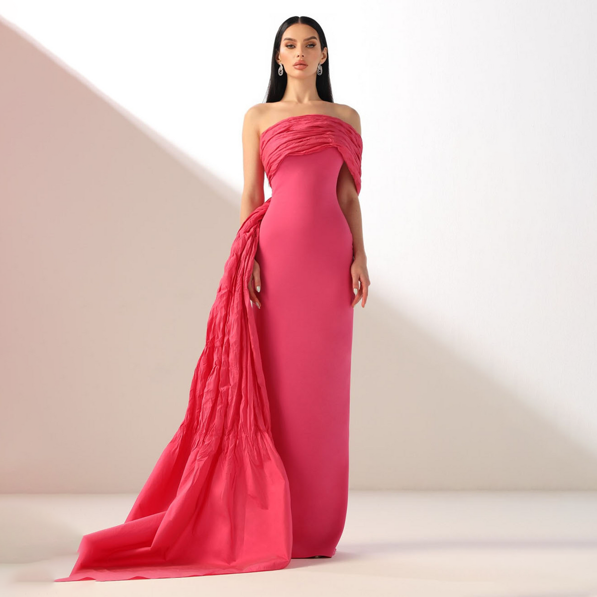 Elegant Pink One Shoulder Evening Dress with Overskirt SF448