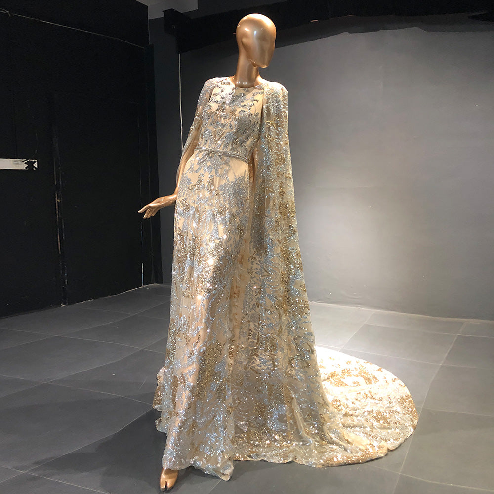 Sparkly Beaded Champagne Sequin Evening Dress with Cape SS569
