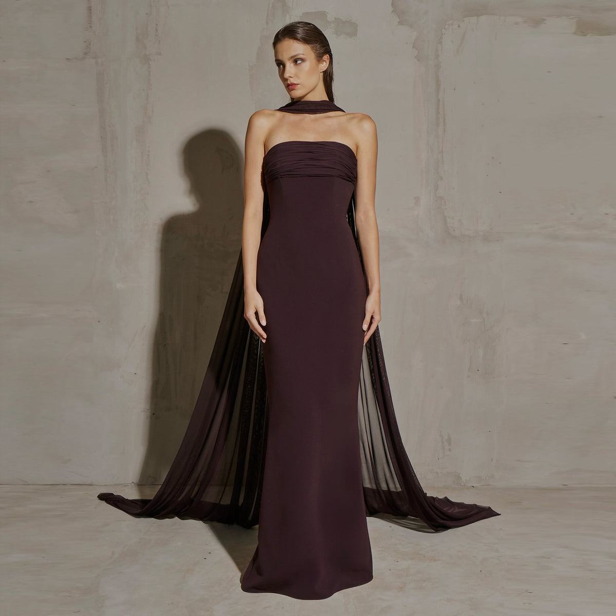 Luxury Reddish Brown Fitted Train Evening Dress with Scarf SF111