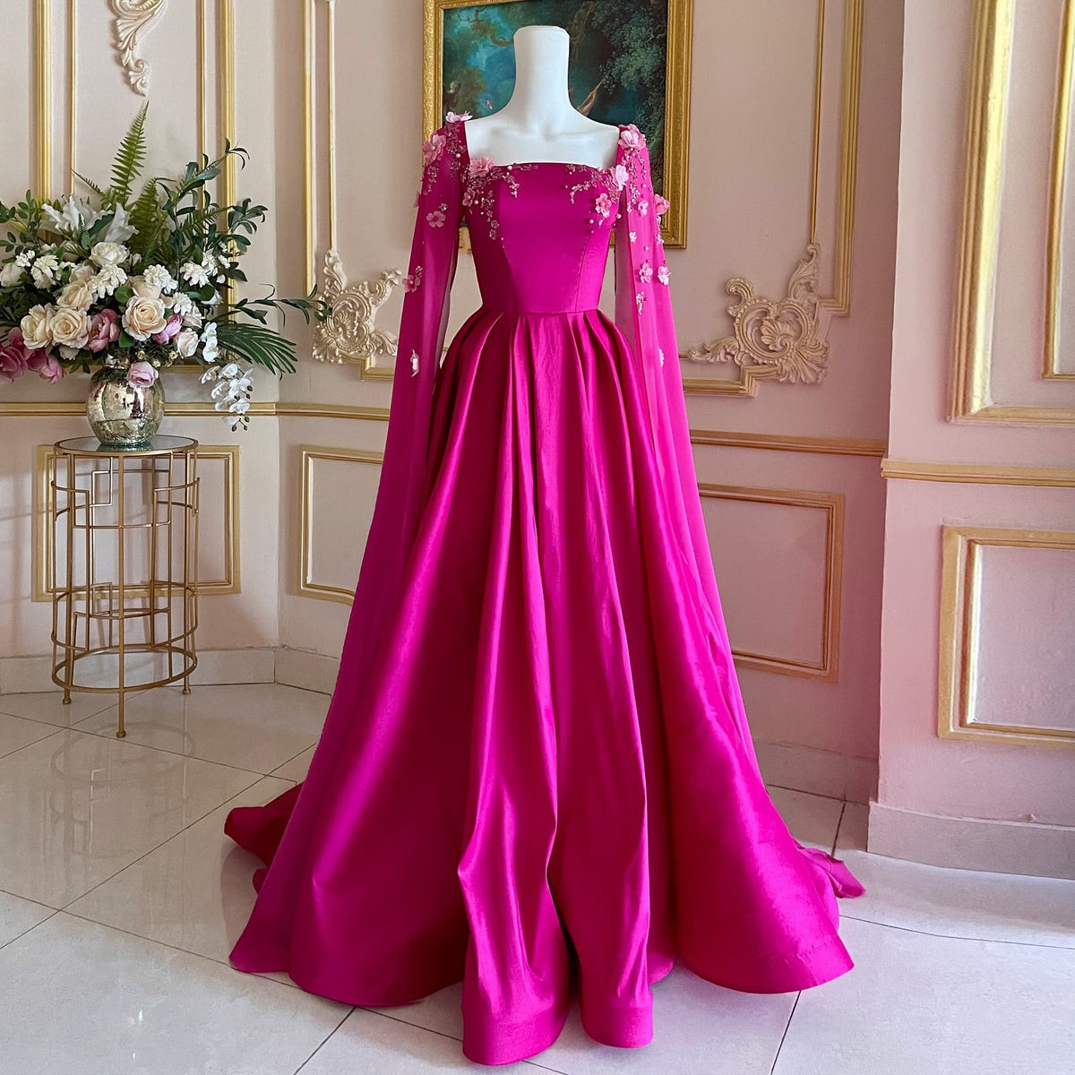 Chic 3D Floral Fuchsia Pearls Evening Dress with Cape Sleeve SF228