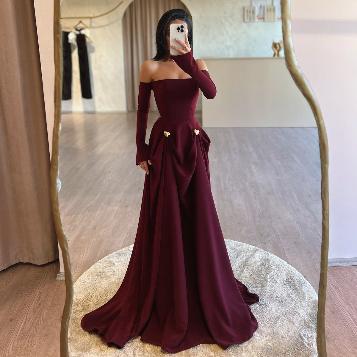 Elegant Off Shoulder Burgundy A-Line Evening Dress SF434