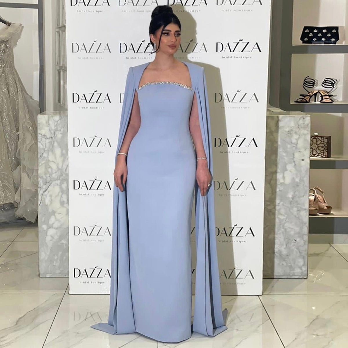 Elegant Blue Straight Evening Dress with Cape Sleeves SS486