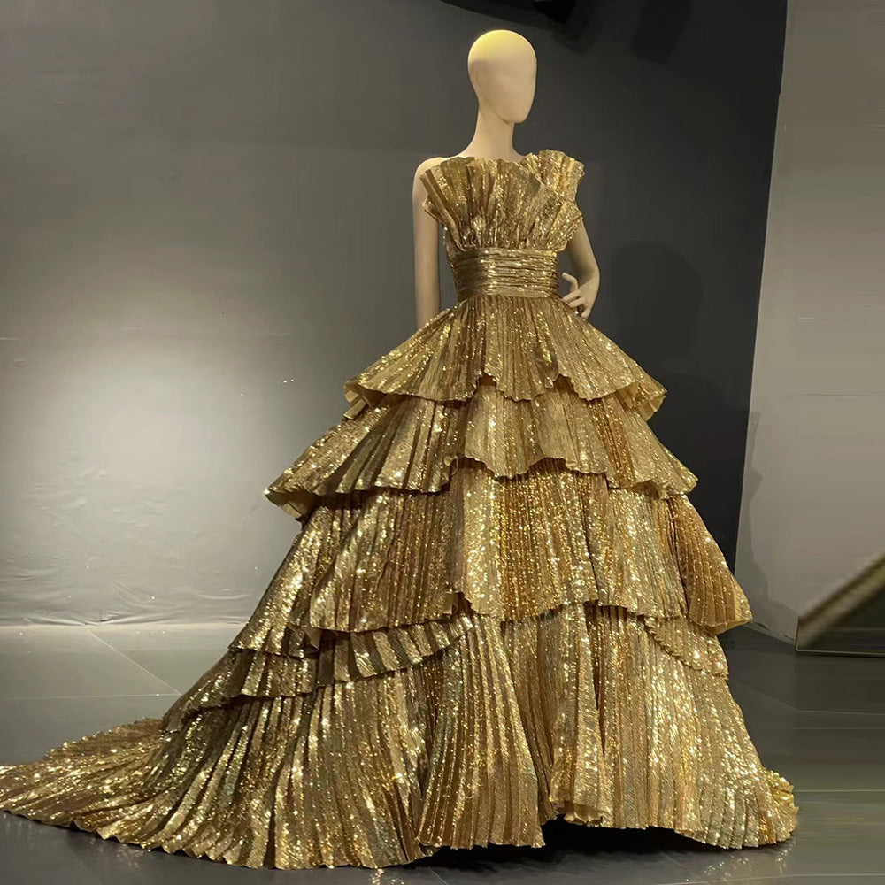Luxurious Gold A-Line Tiered Ruffles Evening Dresses SS577
