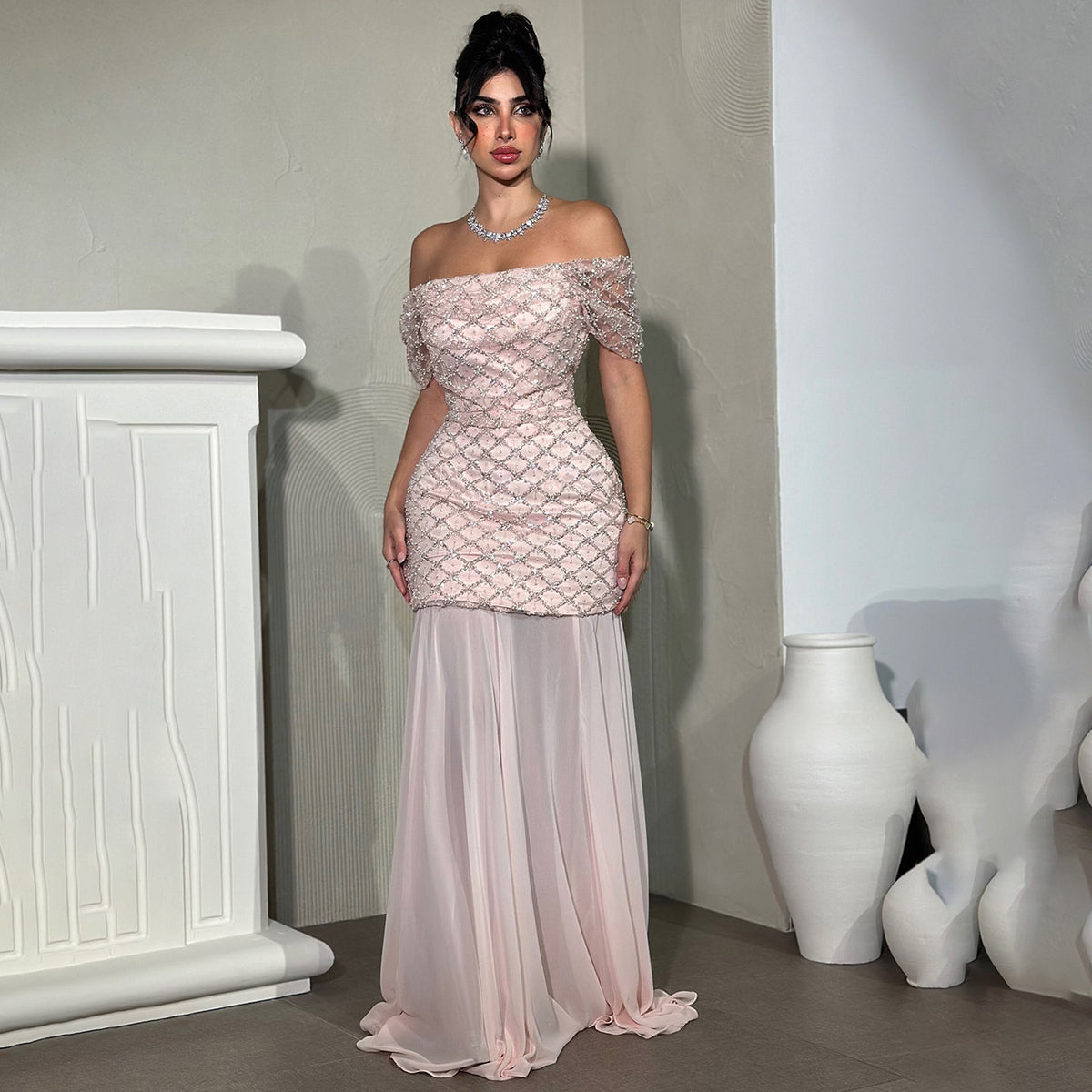 Elegant Pearls Pink Off-Shoulder Evening Dress SF305