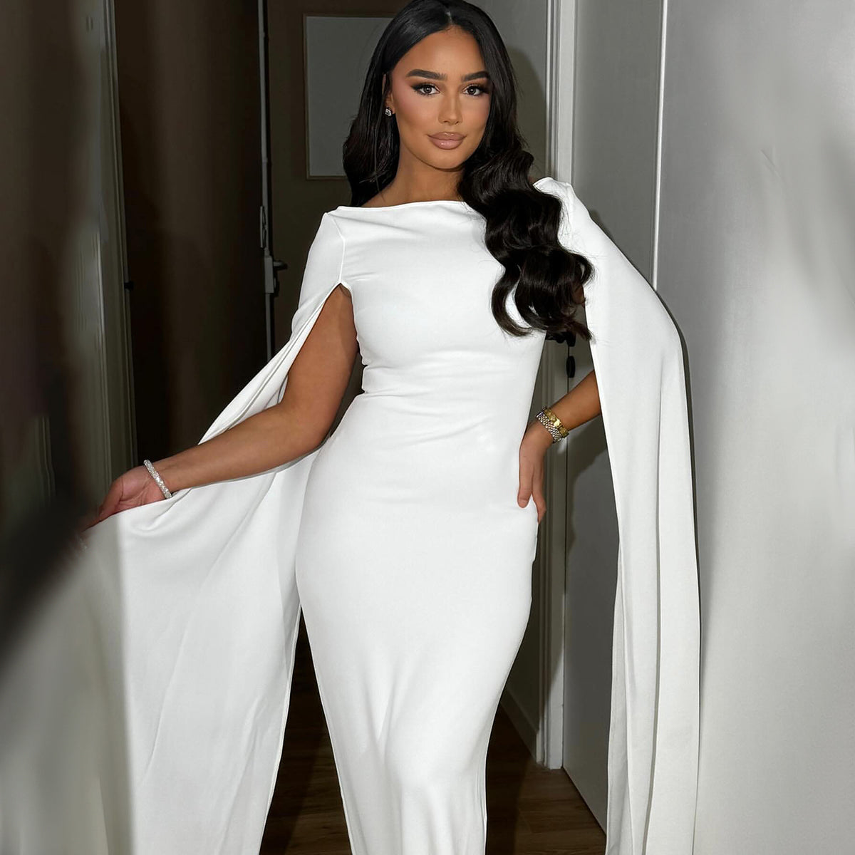 Elegant White Mermaid Evening Dress with Cape Sleeve SF414