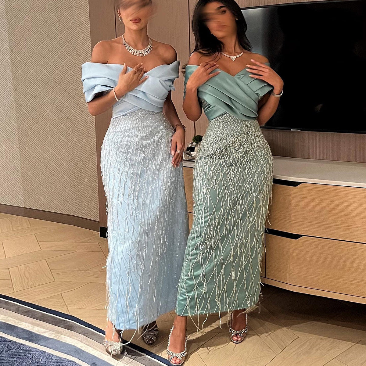 Elegant Tassel Sage Green Off Shoulder Evening Dress SS447