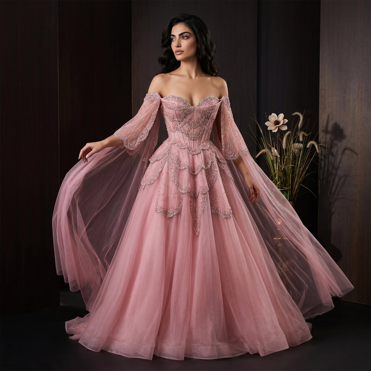 Gorgeous Beaded Sage Green Evening Dress with Cape Sleeves SS215