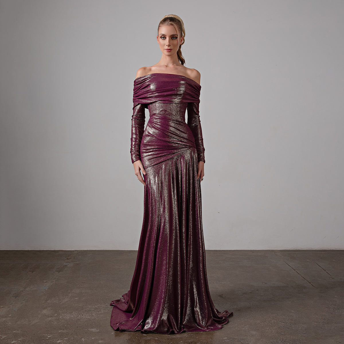Elegant Off Shoulder Purple Mermaid Draped Evening Dress SF592
