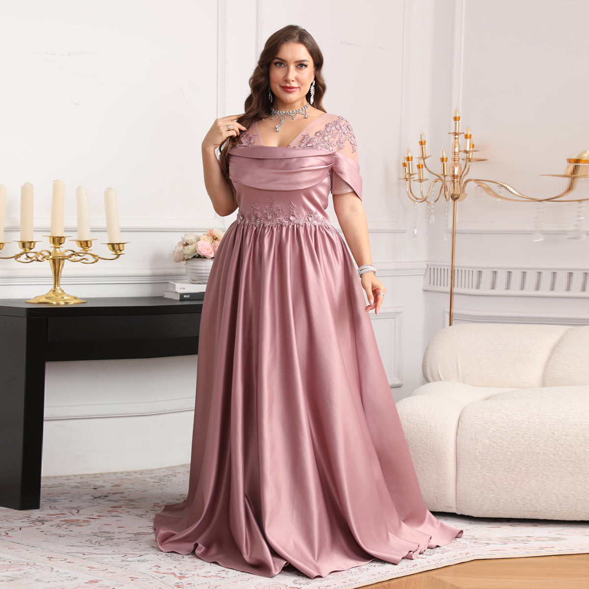 Elegant Luxury Pink Crystal Off-Shoulder Evening Dress SF627