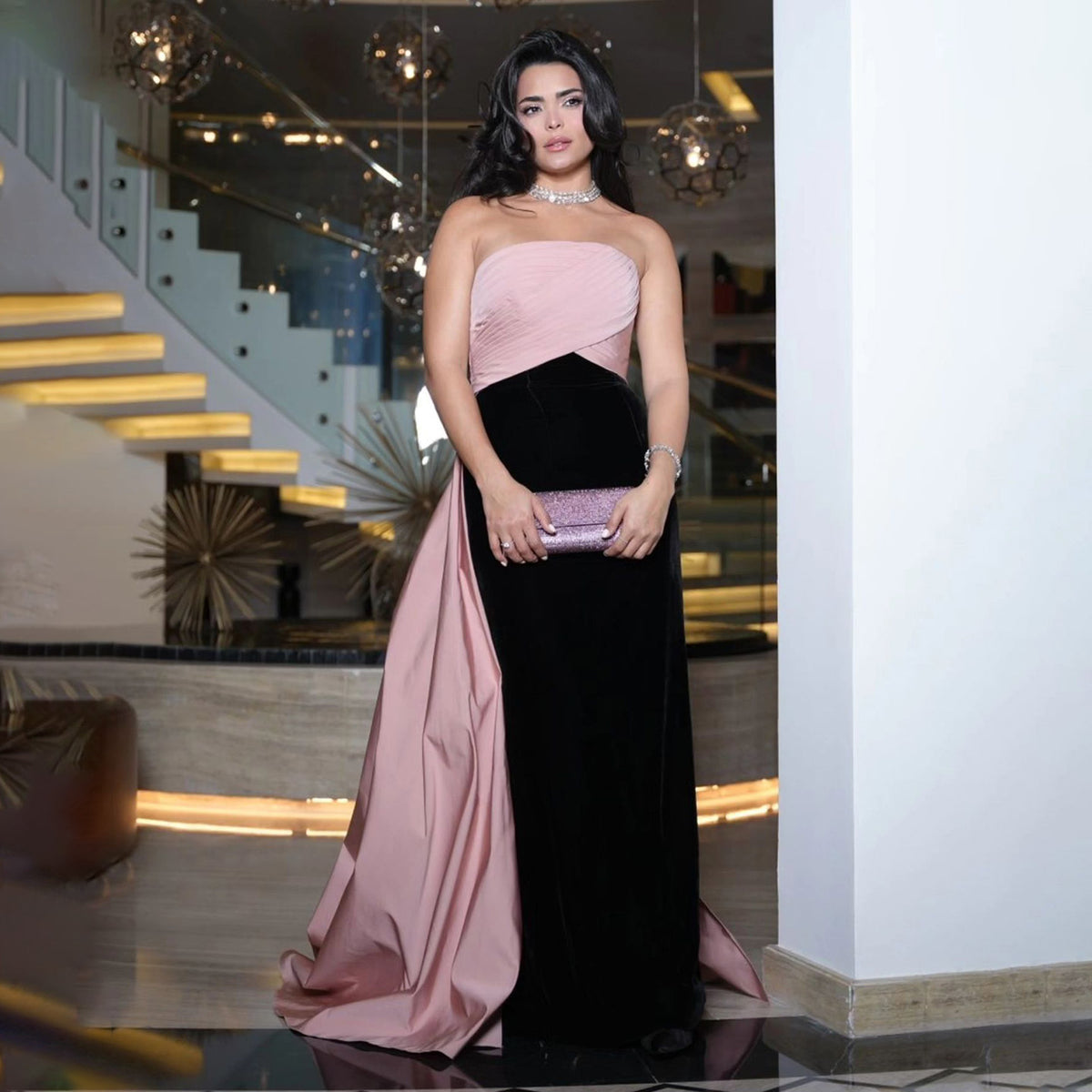 Elegant Strapless Pink&Black Evening Dress with Overskirt SF594