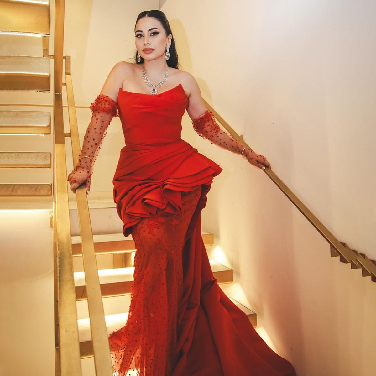 Luxury Beaded Red Mermaid Evening Dress with Gloves SF292