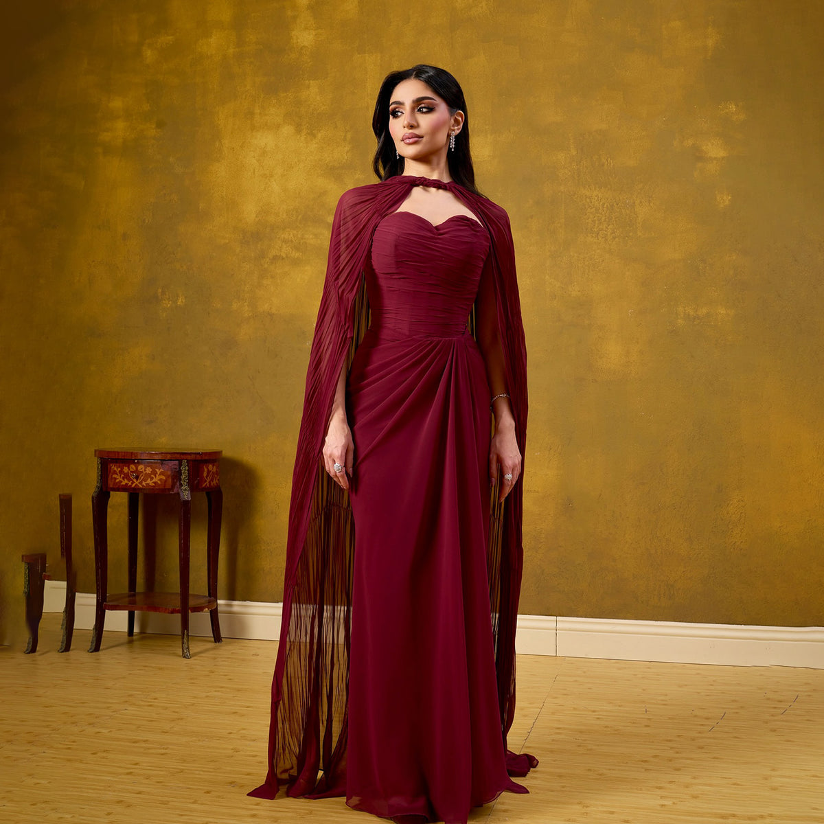 Elegant Wine Red Chiffon Evening Dress with Cape SF179