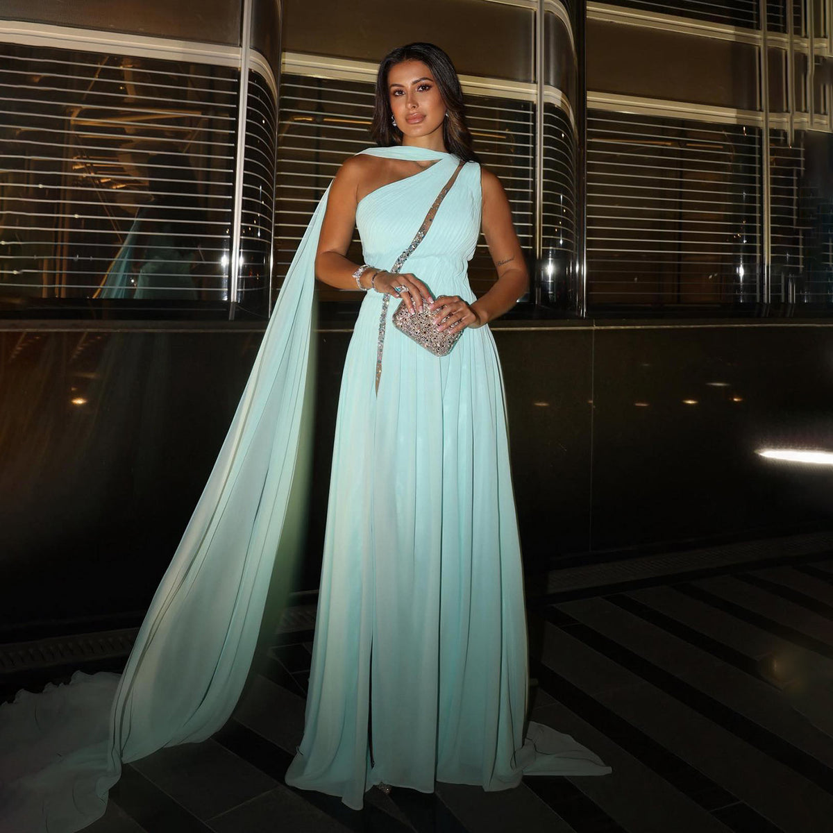 Luxury Beaded Aqua A-Line Chiffon Evening Dress SF234