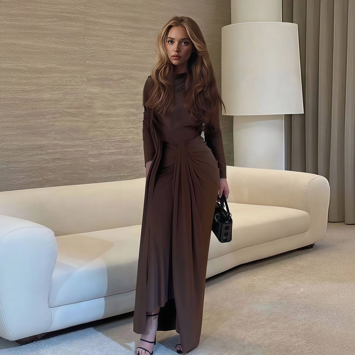 Elegant Brown High Neck Long Sleeve Ruched Bodycon Evening Dress SF078