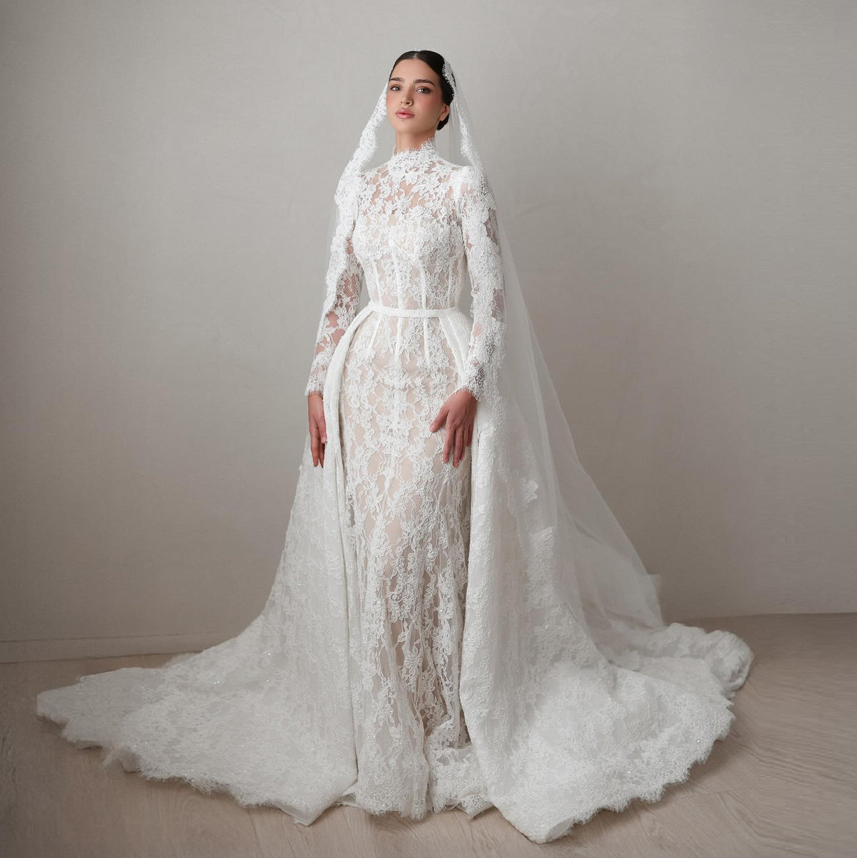Luxury Lace Printed Long Sleeve Wedding Dress with Overskirt SW529