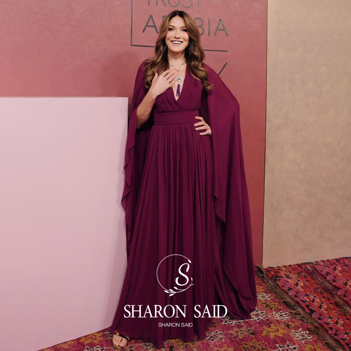 Elegant V-Neck Burgundy A-Line Evening Dress with Cape SF455
