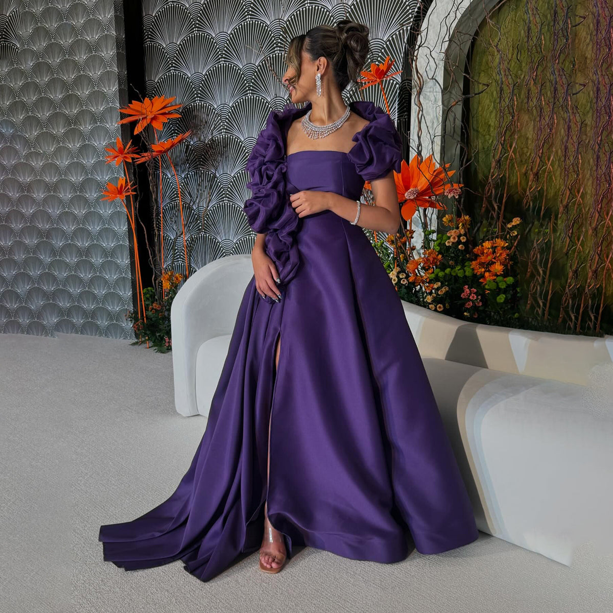 Luxury Purple A-Line Evening Dress with Ruffle Cape SF432