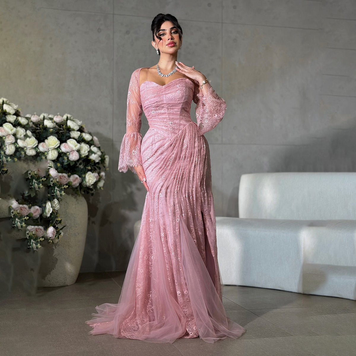 Elegant Pink Pleated Mermaid Evening Dress with Jacket SF304