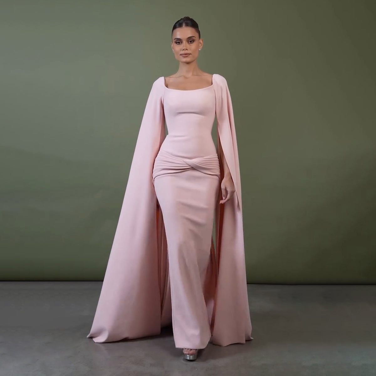 Graceful Bataeu Pink Draped Evening Dress with Cape Sleeve SF518