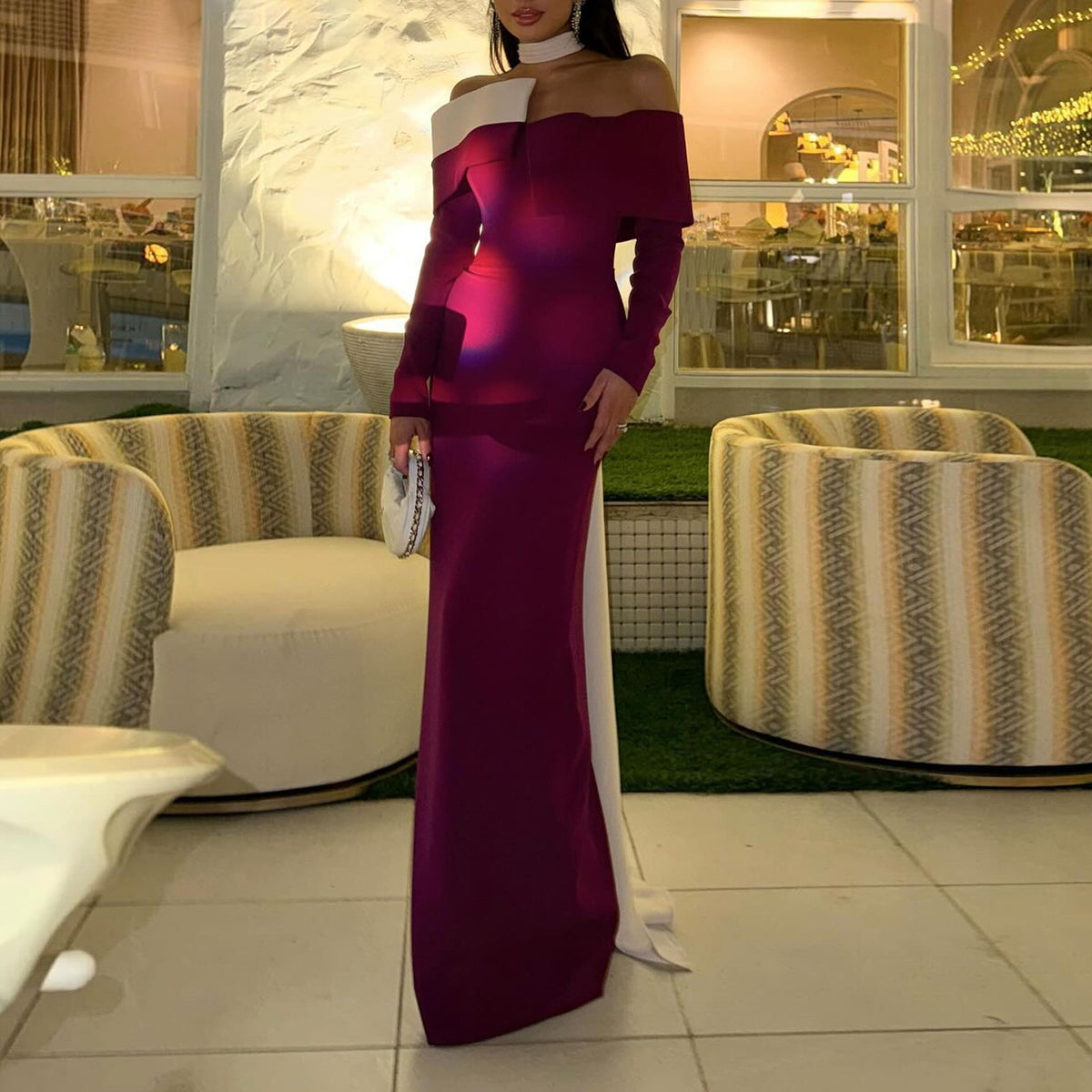 Elegant Purple Long Sleeves Satin Evening Dress SF106
