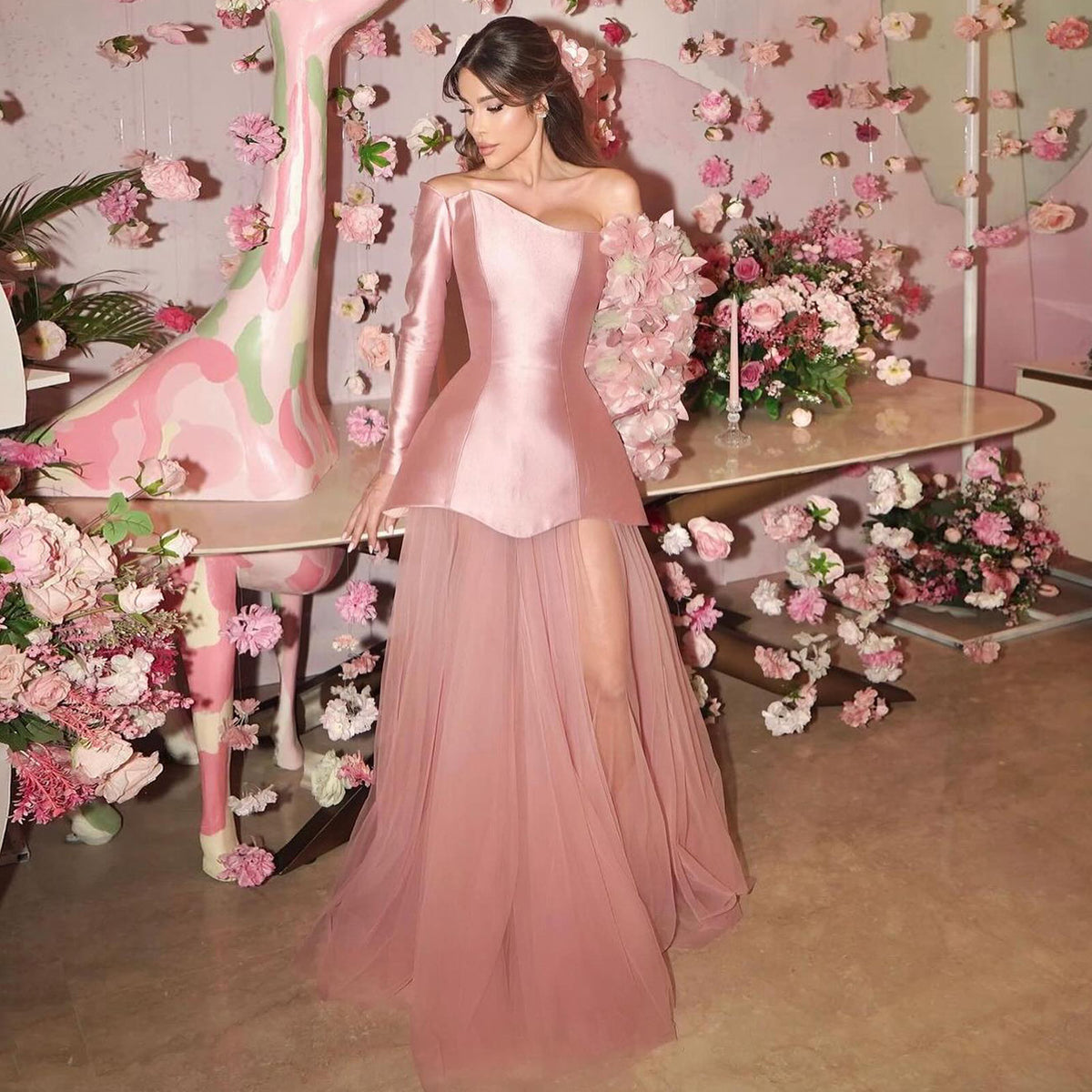 Luxury 3D Flowers Pink Long Sleeves A-Line Evening Dress SF042