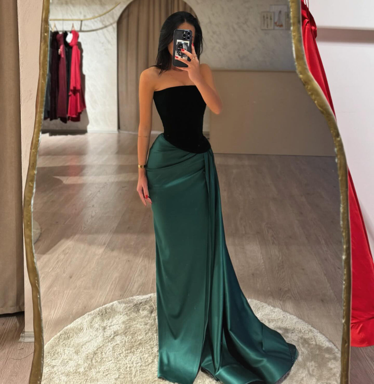 Luxury Black&Green Strapless Evening Dress with Slit SF436