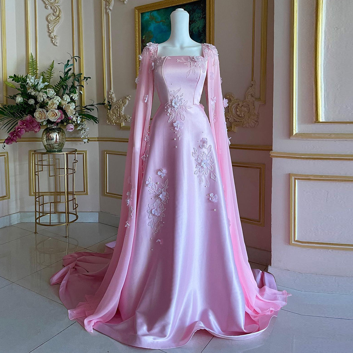Luxury Pearls Pink 3D Floral Evening Dress with Cape Sleeve SF225