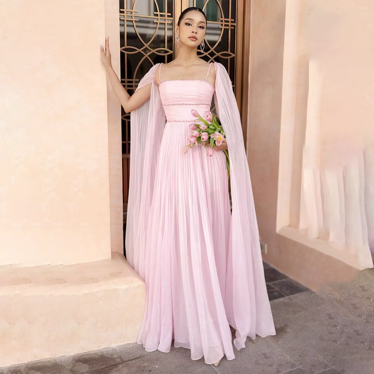 Luxury Beaded Pink A-Line Evening Dress with Cape Sleeves SF188